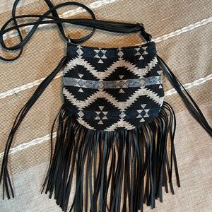 Black & Cream Aztec Fringe Crossbody Bag